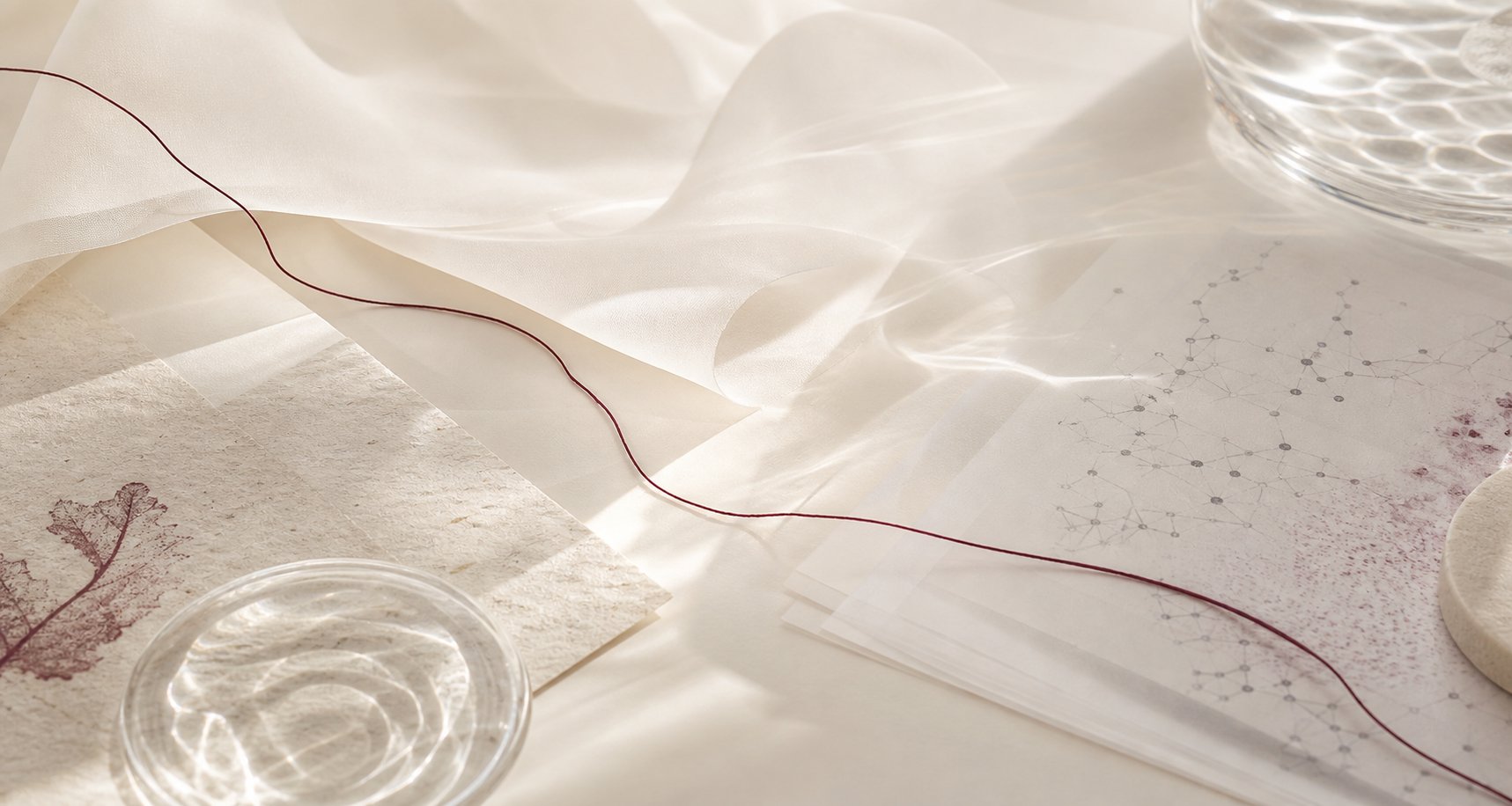 Warm abstract research materials and a burgundy thread arranged in calm daylight
