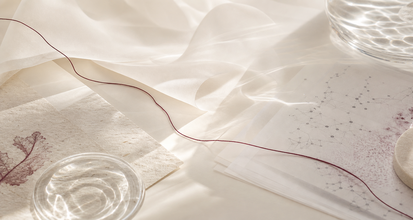 Warm abstract research materials and a burgundy thread arranged in calm daylight